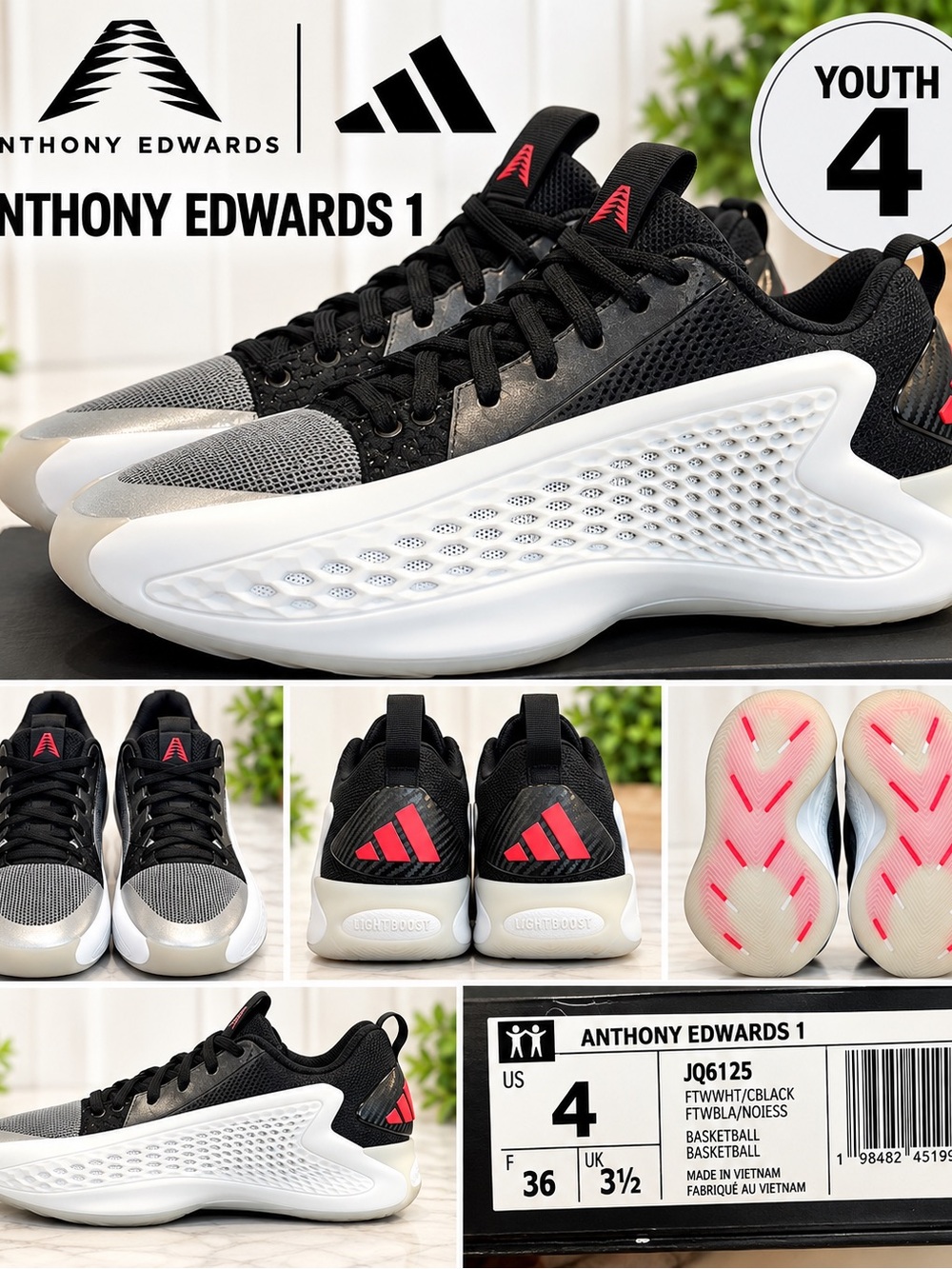 Youth Anthony Edward’s 1 J Low Basketball Shoes - Black/White with Red Accents